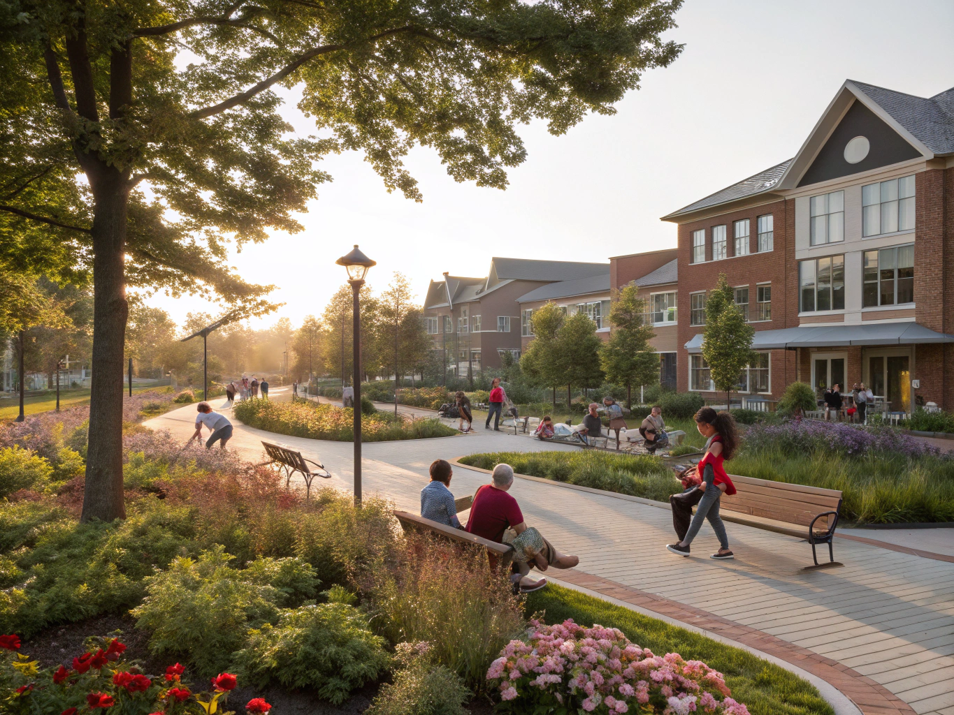 Thriving neighborhood street view after revitalization